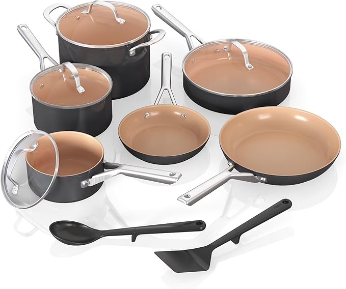 Extended Life 12-Piece Ceramic Cookware Set Nonstick Pots and Pans PFOA &amp PFAS Free Oven Safe to 550°F Induction Compatible