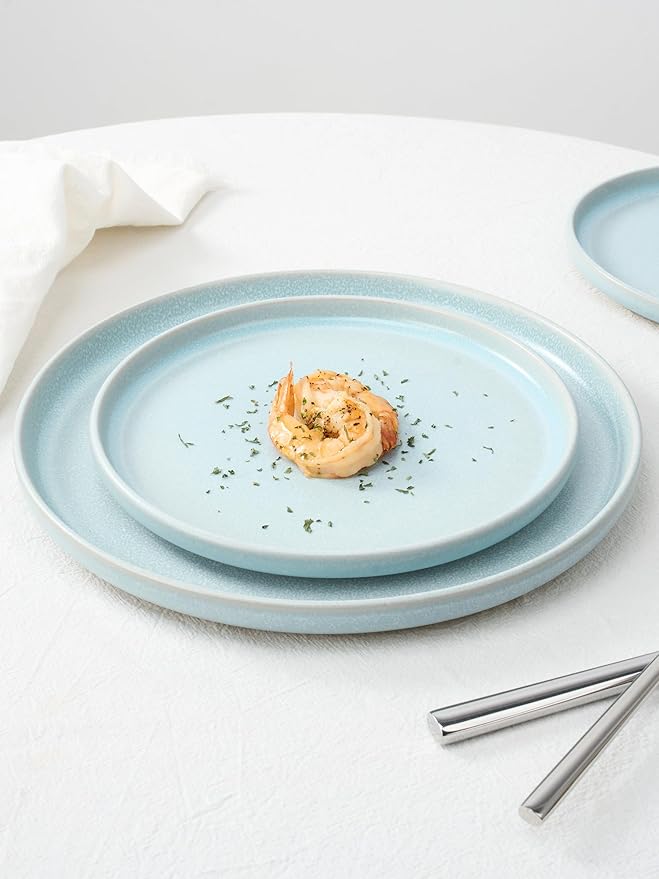 Famiware Milkyway Plates and Bowls Set 12 Pieces Dinnerware Sets and 4 Pieces Pasta Bowls Double Reactive Glaze Sturdy &amp Stackable Stoneware Dishes Set for 4 Light Blue