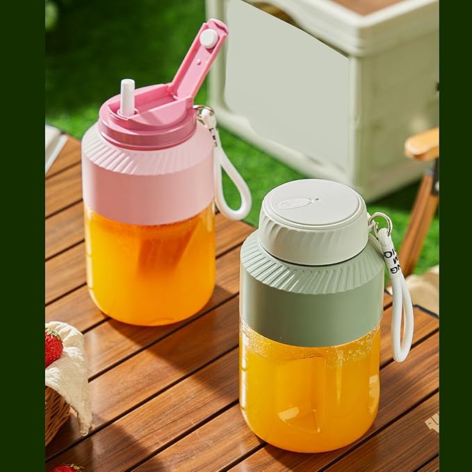 Portable Juicer 1L Capacity Dual Lid Design Easy to Carry with Convenient Strap Rechargeable Battery Cordless for Outdoor Travel Gym and Home Use