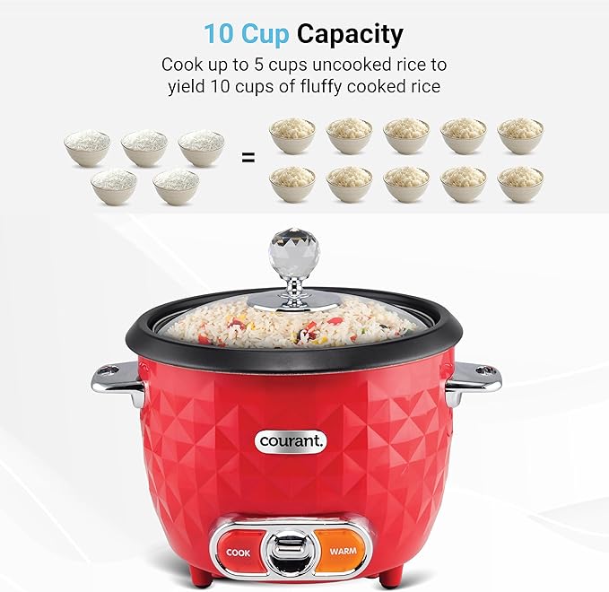 Courant Rice Cooker 10-Cup (Cooked) Steaming basket One-Touch Operation Automatic Keep Warm Function red