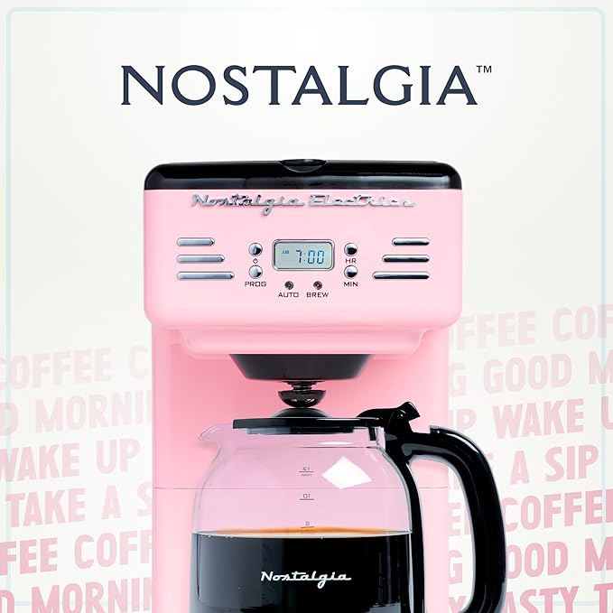 Nostalgia Retro 12-Cup Programmable Coffee Maker With LED Display Automatic Shut-Off &amp Keep Warm Pause-And-Serve Function Pink