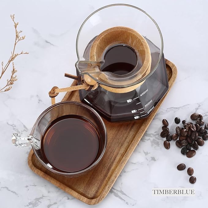 Pour Over Coffee Maker with Reusable Stainless Steel Filter Borosilicate Glass Coffee Jug Wood Collar Coffee Infuser Holds 2 Cups 13.5oz/400ml Clear