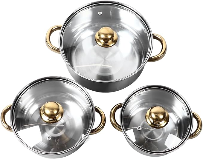 12Pcs Stainless Steel Kitchen Pots Set Smoothing Cookware with Golden Handle Compatible with all Cooktops for Cooking Results