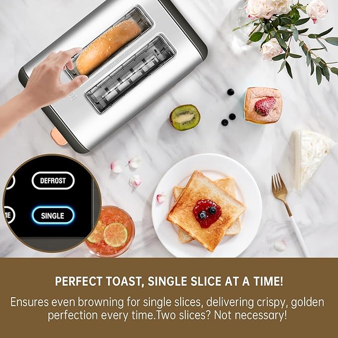 SEEDEEM Toaster 2 Slice Real Touch Screen with LCD Display Single-Slice Function Stainless Steel Toaster 50% Faster Heating 1.5 Wide Slots Removable Crumb Tray 1350W Dark Metallic