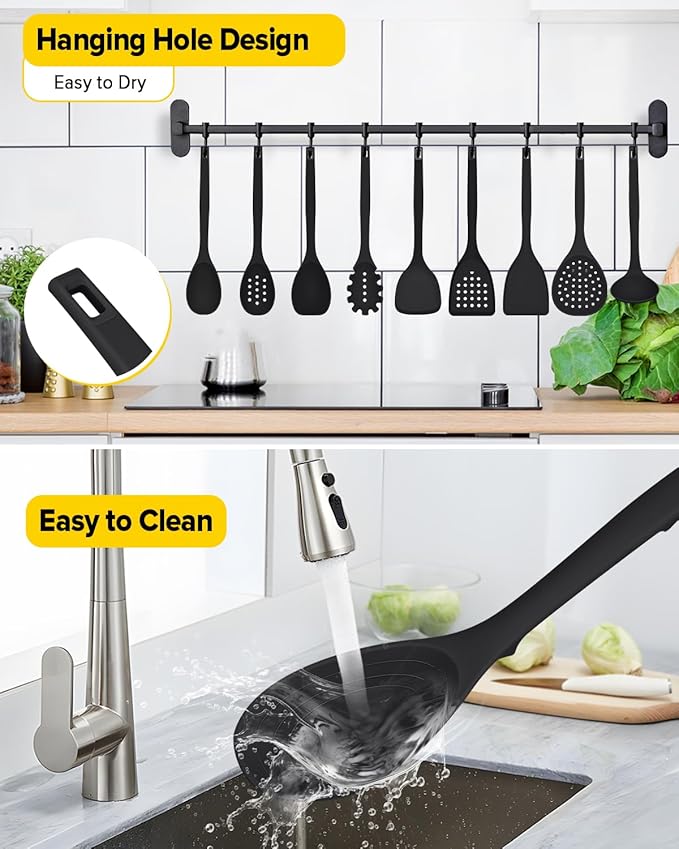 Silicone Cooking Utensils Set 9 Pcs Heat Resistant Kitchen Utensils with Back Hooks BPA Free Kitchen Tools with Spatulas Spoons Skimmer and Pasta Fork for Non Stick Cookware (BLACK)