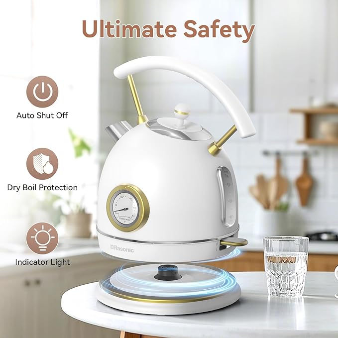 Rasonic Retro Electric Kettle Stainless Steel 1.8L Tea Water Boiler 1500W Fast Quiet Boil Temperature Gauge Auto Shut-Off Boil-Dry Protection White Champagne Gold