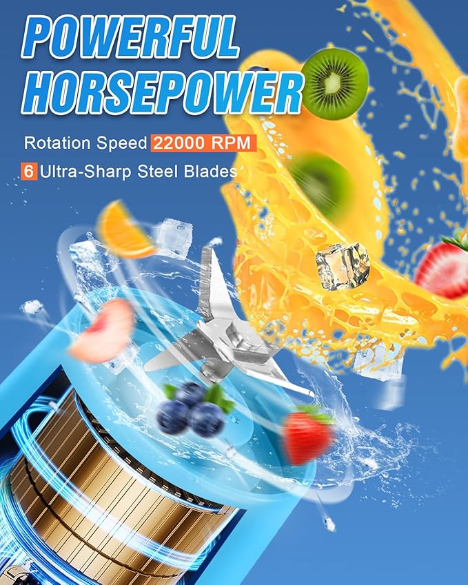 Portable Blender for Shakes and Smoothies6 Blades Juicer Cup for USB RechargeablePersonal Blender with One Touche OperationBlender Shake Smoothie for KitchenTravel and Sport Blue