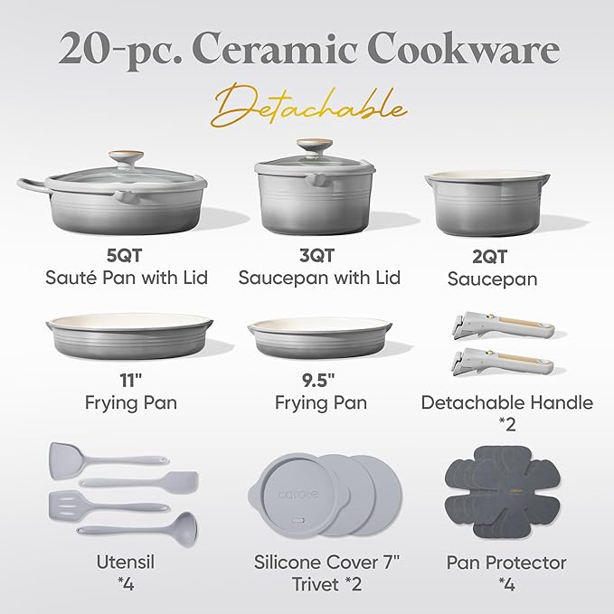 CAROTE 20Pcs Titanium Cookware Set Pots and Pans Set Non Stick Kitchen Cooking Set with Detachable Handle Non Toxic Induction Cookware Dishwasher/Oven Safe