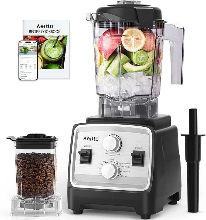 Aeitto Blenders for Kitchen with 1800W Motor 68Oz. Large Capacity 2-in-1 Blender &amp Grinder Combo BPA-Free Countertop Professional Blender for Smoothies Ice Crush Frozen Drinks Silver