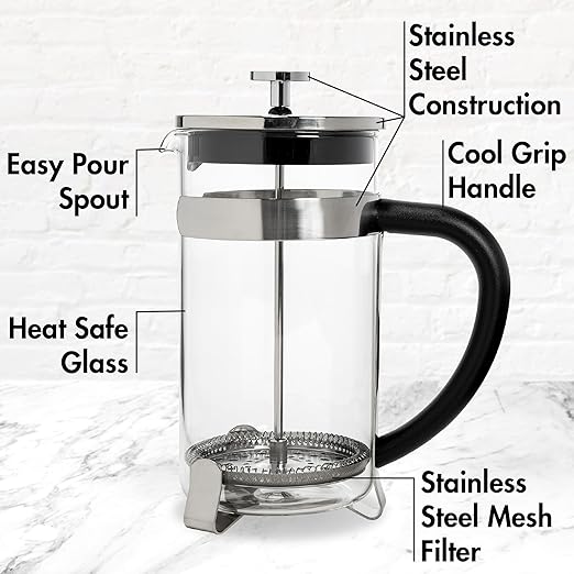 Primula French Press Coffee Maker Temperature Safe Borosilicate Glass with Stainless Steel Filters Premium Design and Quality 34-Ounces 8-Cup Silver