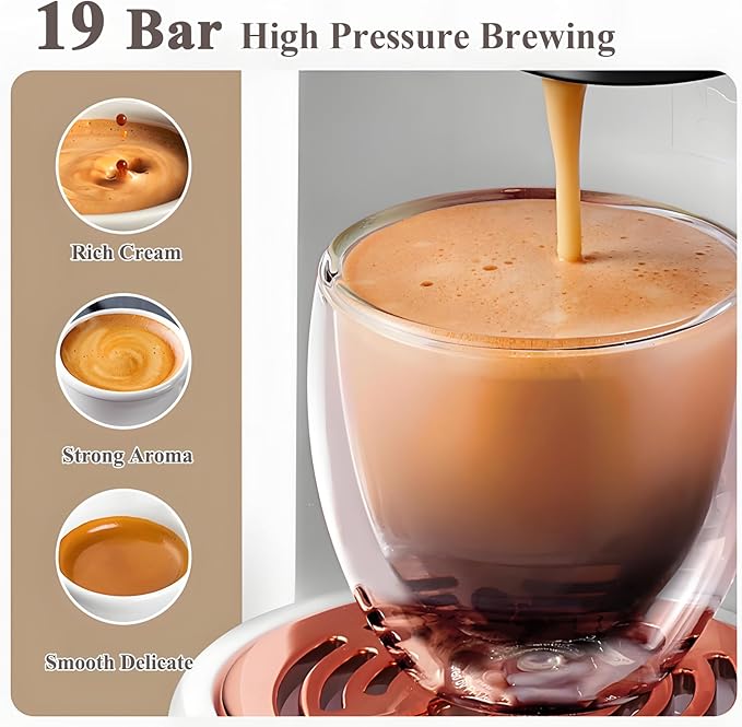 4-in-1 Pods Coffee Maker 19Bar Compact Design Fast Brew Hot/Cold Single Serve Espresso Machine for K Cup PodsNes Original/DG Capsule and Ground Coffee at Home or Office (Black)