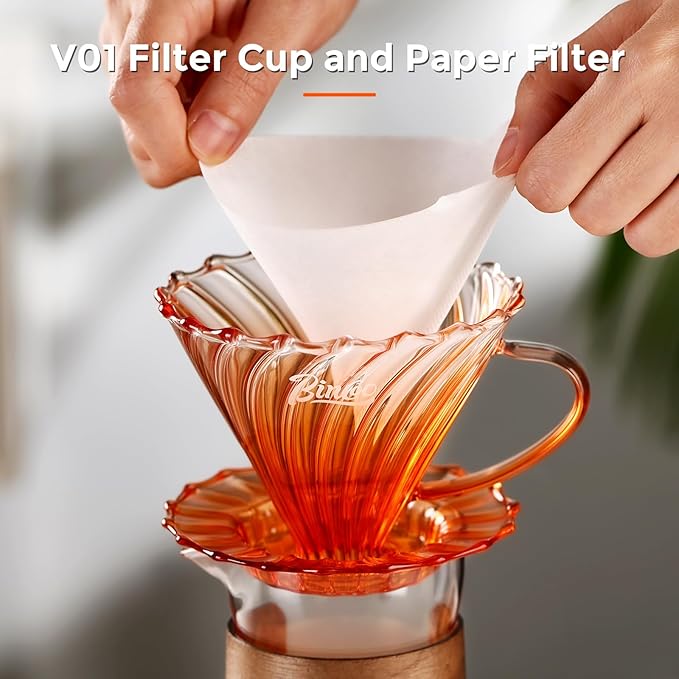 Bincoo Pour Over Coffee Maker Set - 500ML Glass Coffee ServerGlass Carafe with Coffee Dripper and 50PCS Paper Filter Drip Coffee Maker Set for Home Café Restaurant (Orange)