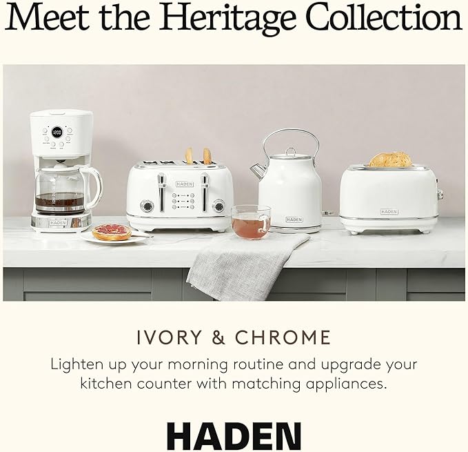 Haden Heritage 4 Slice Wide Slot Stainless Steel Toaster Bundled with 12 Cup Programmable Drip Coffee Maker Coffee Machine Ivory &amp Chrome