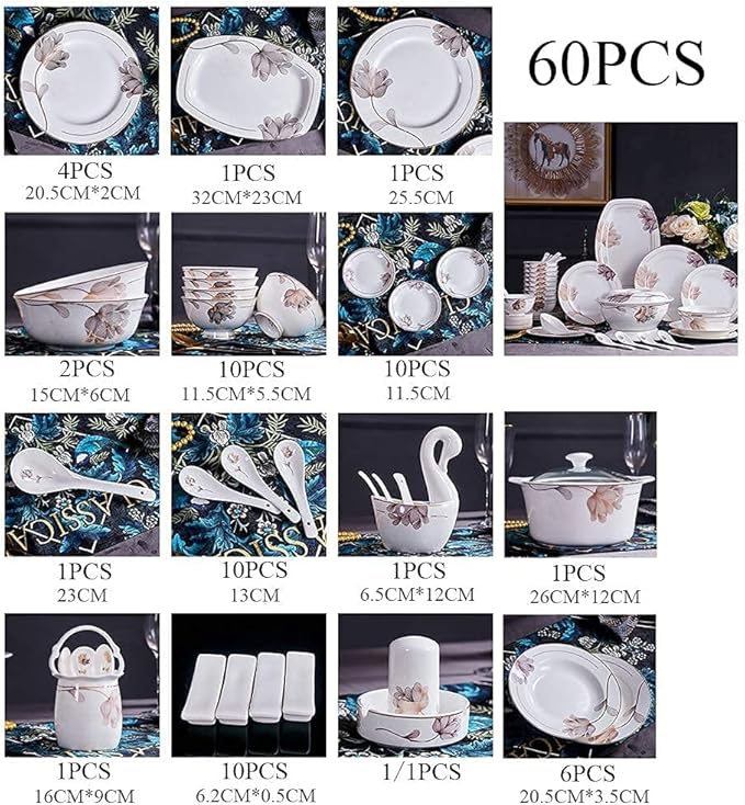 Porcelain Dinnerware Set Line Drawing Petal Decoration Bone China Tableware SetDishes/PlateCeramic DinnerFine China DinnerwareDishwasher Microwave SafeA60 Pieces Serve 10 People