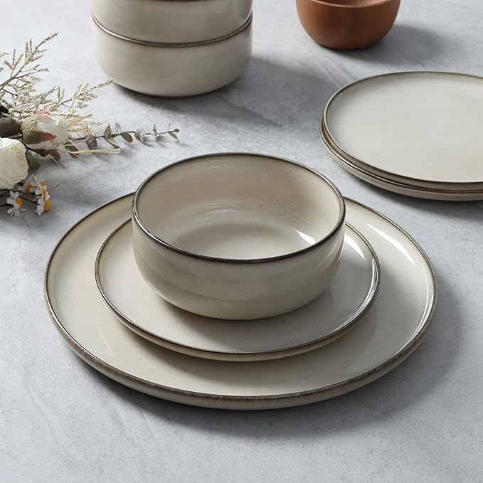 E-far Dinnerware Sets for 4 16-Piece Stoneware Plates and Bowls Set Reactive Glaze Dishes Dinning Ware Set Chip &amp Scratch Resistant Microwave &amp Dishwasher Safe - Sandy Beige