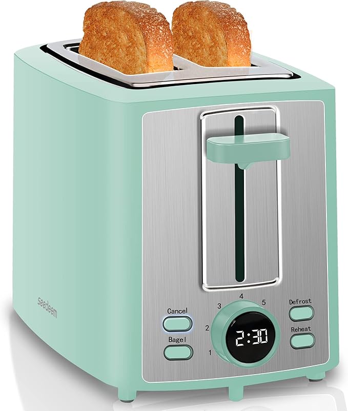SEEDEEM Toaster 2 Slice Bread Toaster with LCD Display 7 Shade Settings 1.４'' Variable Extra Wide Slots Toaster with Cancel Bagel Defrost Reheat Functions Removable Crumb Tray 900W Azure Blue