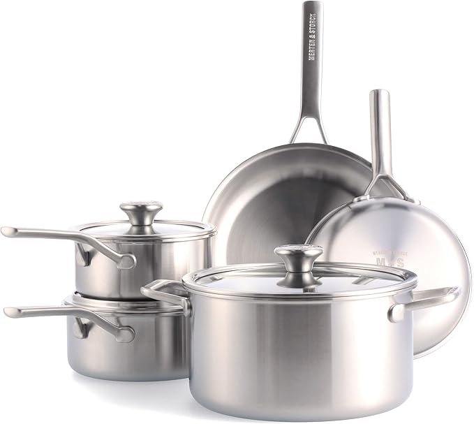 Merten &amp Storck Tri-Ply Stainless Steel 8 Piece Cookware Pots &amp Pans SetProfessional CookingMulti CladMeasurement MarkingsDrip-Free Pouring EdgesDurable Glass Lids InductionOven&ampDis