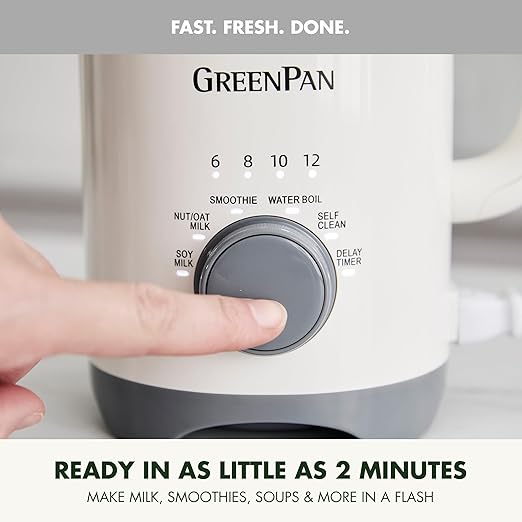 GreenPan Nut Milk Maker 15-in-1 Homemade Soy Almond Oat Coconut Non-Dairy Rice Soup Baby Food BPA-Free Smooth Creamy Texture Self Clean Barista Quality Milk Delay Start Boil Water Cream