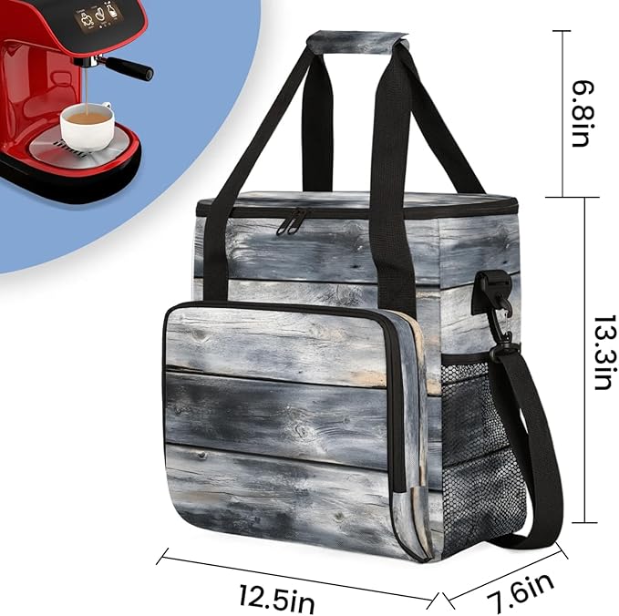 Wooden Board Coffee Maker Travel Bag for Keurig K-Mini/K-Mini Plus Insulated Waterproof Tote with Pockets for K-Cup Portable Single-Serve Brewer Case