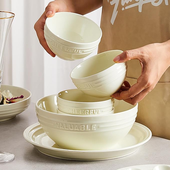 Embossed Art Dish Set 38 Pieces Serving Plates and Bowls Sets High Temperature Resistance Dinnerware Set for 6 Non-Slip Bottom Dining Table Set Smooth Surface Safe and Easy to Clean