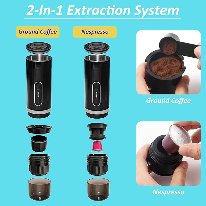 Portable Espresso Machine &amp Coffee Maker for Camping Travel Office - Self-Heating USB-C Charger Compatible NS Capsule &amp Ground Coffee (Coffee Brown)