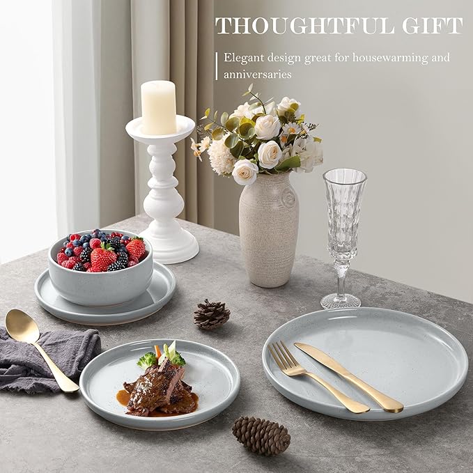 Vesteel 12-Piece Dinnerware set Ceramic Plates and Bowls set with Makeup Clay for 4 Speckled Stoneware Dishes Set for Family Microwave &amp Dishwasher Safe - Light Gray