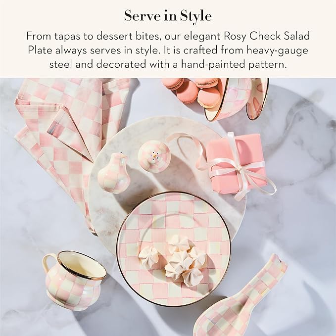 MACKENZIE-CHILDS Enamel Salad and Dessert Plate Small Plate for Appetizers or Desserts 8 Inches Pink-and-White Rosy Check