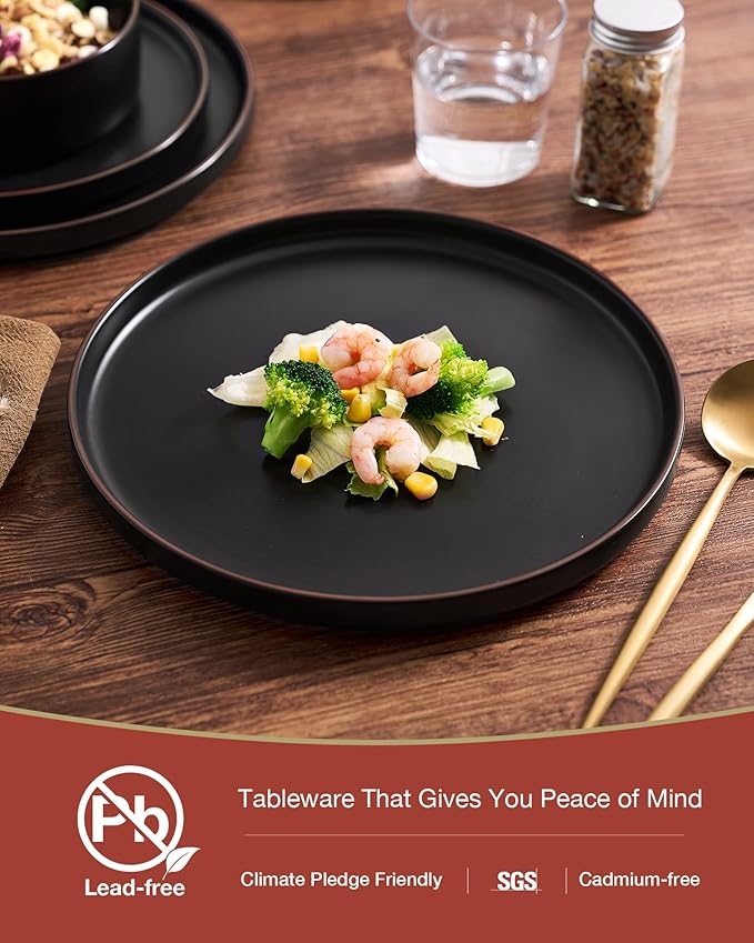 Famiware Nebula Ridge Stoneware Dinnerware Sets for 8 24 Pieces Plates and Bowls Sets Dishes Set Microwave and Dishwasher Safe Kitchen Plates Matte Black