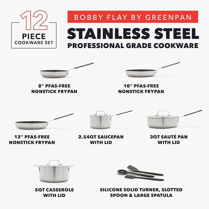 GreenPan x Bobby Flay Stainless Steel 12 Piece Cookware Pots &amp Pans Set Professional Grade Tri-Ply Multiclad PFAS-Free Ceramic Nonstick Induction Suitable Dishwasher &amp Oven SafeStay Cool