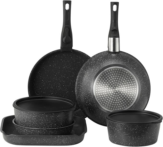 VEVOR 17 Piece Pots and Pans Set Granite Nonstick Detachable Handle Cookware Space Saving Induction Cookwares Kitchen RV Cooking Sets with Frying Sauce Saute Tempered Glass Lid Oven Safe Black