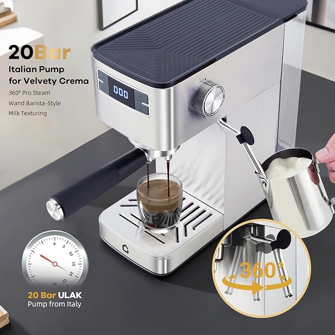 20 Bar Professional Espresso Machine with Steam Milk Frother Stainless Steel Home Coffee Maker Compact for Kitchen Counter with Removable Water Tank Silver