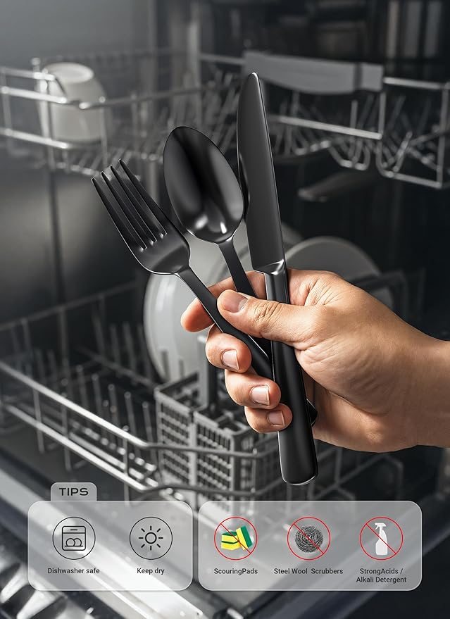 Black Silverware Set 45-Piece Flatware Set Service for 8 Durable Stainless Steel Mirror Polished Tableware Eating Cutlery Set Kitchen Utensils Set with Steak Knives Dishwasher Safe
