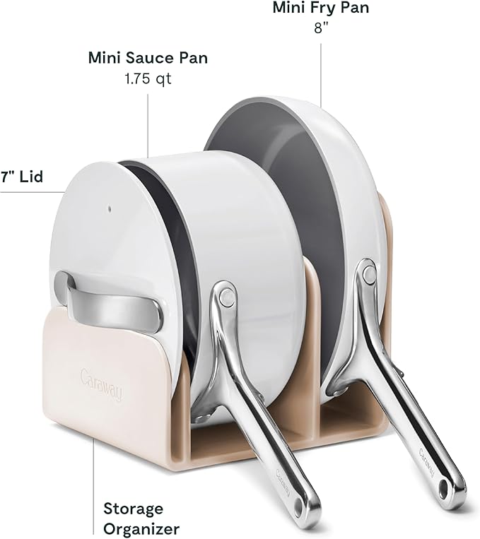 Caraway Mini Cookware Set - Non-Stick Ceramic Fry Pan (1.05 qt 8) Sauce Pan (1.75 qt) &amp Storage Rack - Non Toxic PTFE &amp PFOA Free - Oven Safe &amp Stovetop Agnostic (Gas Electric &amp In