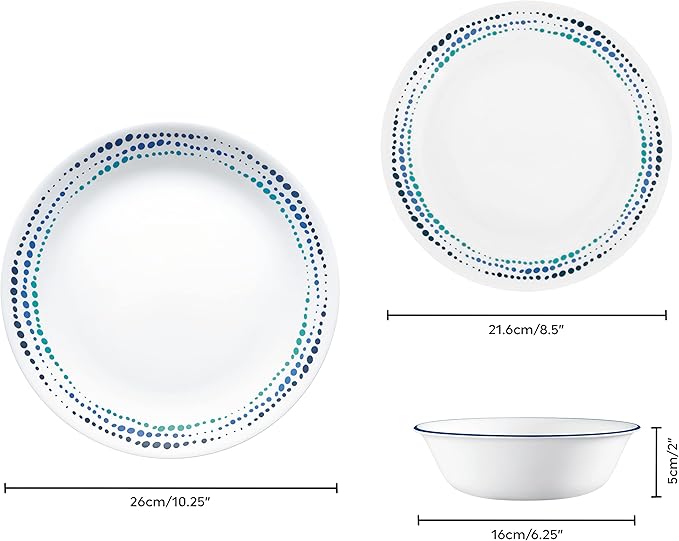 Corelle Dinnerware Set (12pc Set Ocean Blues)-Dinner Set for 4 Includes 4 x: Plates Side Plates &amp Bowls 3 X More Durable Half The Space &amp Weight of Ceramic up to 80% Recycled Glass (1146