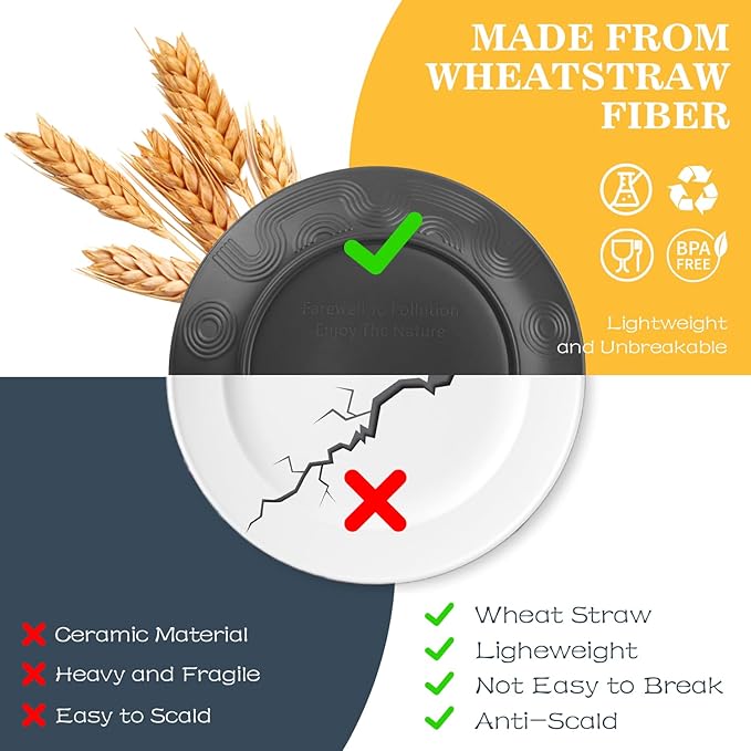 40 PCS Wheat Straw Dinnerware Set | Unbreakable Dishes Set for 8 - Alternative to Plastic Plates and Bowls Sets Cereal Bowl Water Cups Dishwasher &amp Microwave Safe Bowls for Kitchen - Dark