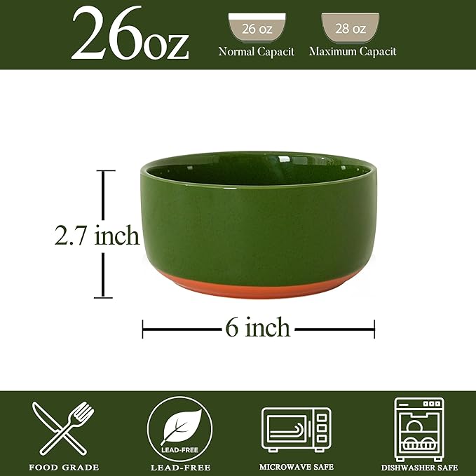 Stoneware Cereal and Soup Bowls Set of 4 6-Inch Dual Glaze Ceramic Bowls for Breakfast &amp Oatmeal Microwave and Dishwasher Safe Forest Glaze Green