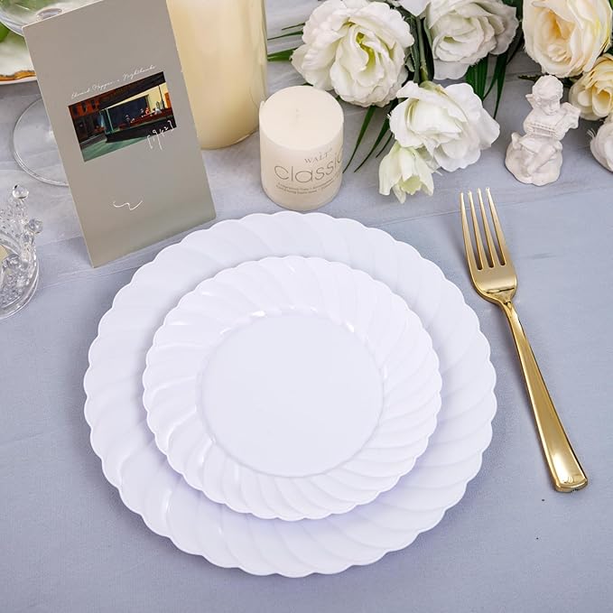 U-QE 100 Pieces White Plastic Plates - Premium White Disposable Plates for Wedding and Party Use Including 50PCS 9 '' Dinner Plate &amp 50PCS 6.5 '' Dessert Plate