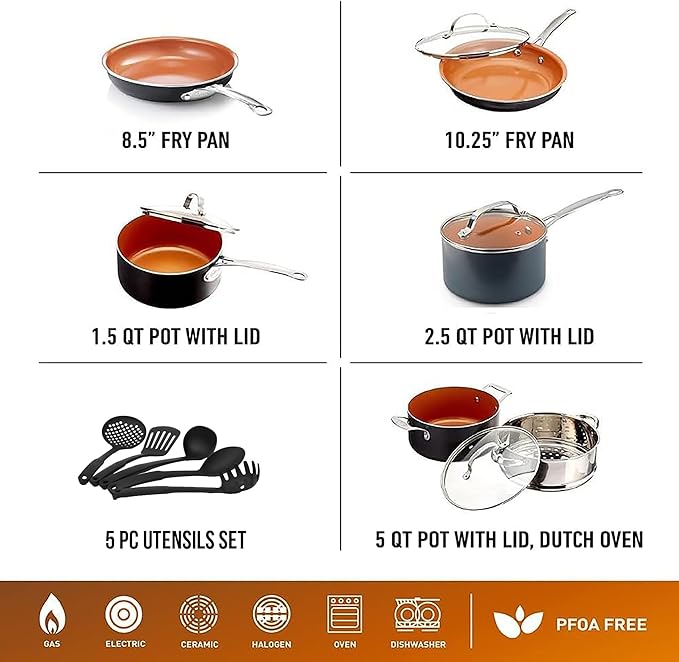GOTHAM STEEL 15 Pc Ceramic Cookware Set Ceramic Pots and Pans Set Non Stick with Cooking Utensils and Steamer Non Toxic PFOA PFOS Free Premium Stay Cool Handles Oven &amp Dishwasher Safe