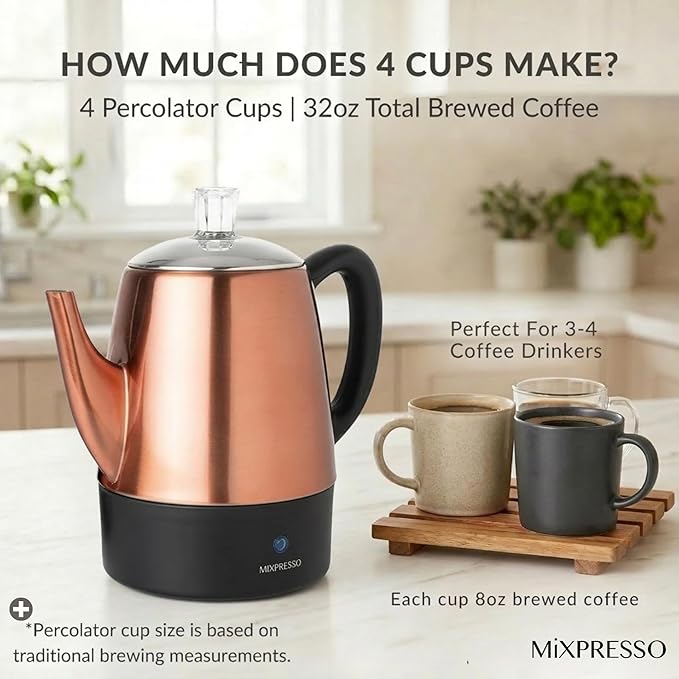 Mixpresso 4 Cup Percolator Coffee Pot Electric Copper Stainless Steel Coffee Percolator Electric With Keep Warm Function Classic Perculator Pot With Removable Basket for Home or Office