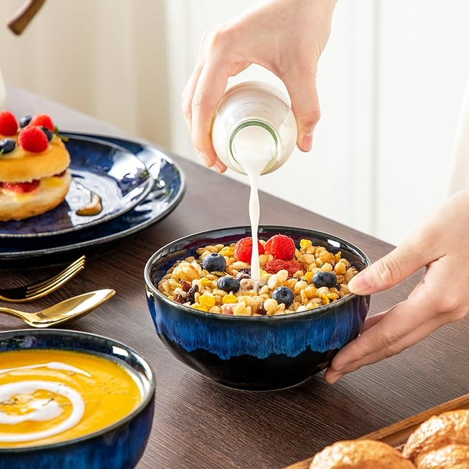 vancasso Starry 16 Pieces Dinnerware Set for 4 Reactive Glaze Blue Stoneware Plates and Bowls Set Dishes Set with Mugs for 4 Microwave &amp Dishwasher Safe