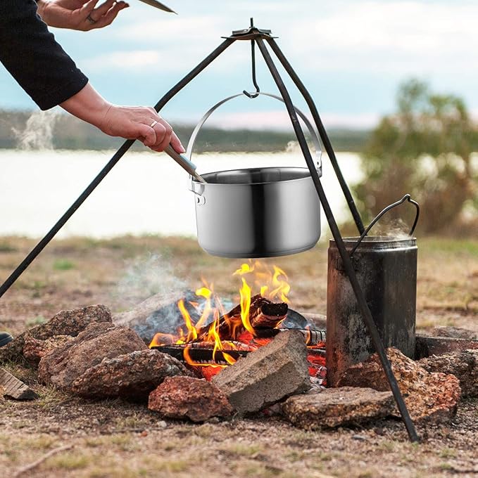 Camping Cookware Set 304 Stainless Steel 8-Piece Pots &amp Pans Open Fire Cooking Kit | Frying Pan Steamer with Travel Tote Bag | Compact For Outdoors &amp Indoors Kitchen Campfire Hiking RV