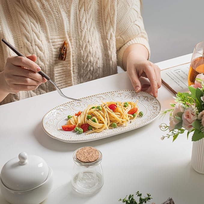 Serving Platters Set 14/12/10 Oval Ceramic Serving Plates Embossed Serving Trays for Party Oven Dishwasher Safe Vintage White Serving Dishes for Entertaining Appetizers Pasta Sushi