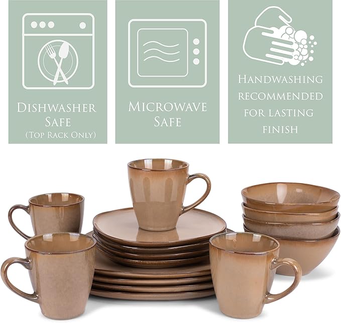 Elanze Designs 16-Piece Modern Luxury Chic Smooth Vintage Handmade Shape High Gloss Ceramic Stoneware Square Plate Mug &amp Bowl Kitchen Dinnerware 16 Piece Set - Service for 4 Brown