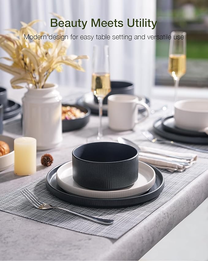 Famiware Star Dinnerware Set Plates and Bowls Sets for 8 (24pcs) Ribbed Stoneware Dishes - Chip &amp Scratch Resistant Microwave &amp Dishwasher Safe Multicolor - Matte White &amp Matte Dark Ch