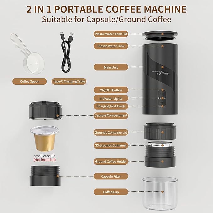 Magnavox HOME Portable Espresso Coffee Maker (Grounds or Pods) with Fast Brew Technology &amp Single Touch Control Ideal for Offices or Travel