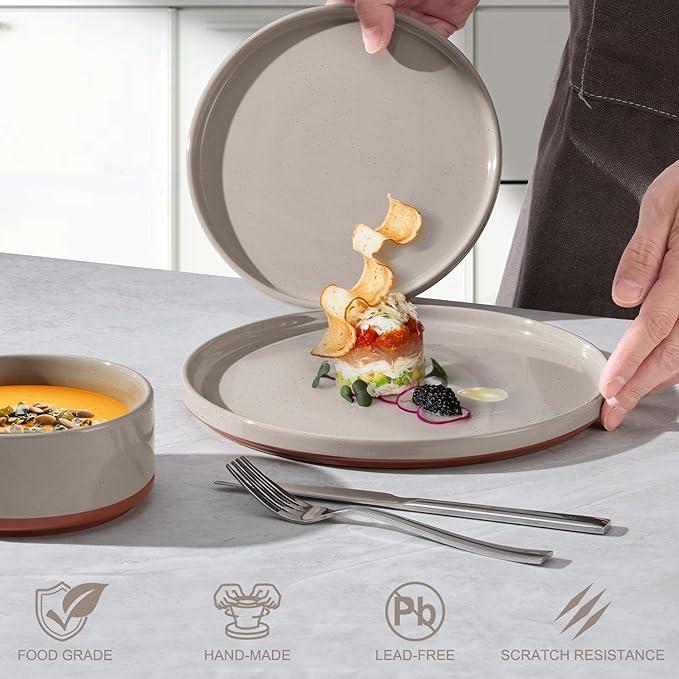 LIANYU 18 Piece Dinnerware Sets for 6 Modern Style Stoneware Dinnerware Set Scratch Resistant Dishwasher Safe Bowl and Plate Sets Ceramic Dish Dinner Set Terra Brown