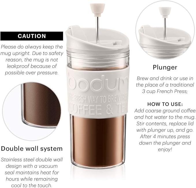 BODUM Travel Press Coffee Maker Flip Top Lid Double Wall Plastic 0.35 l 12 oz Off White