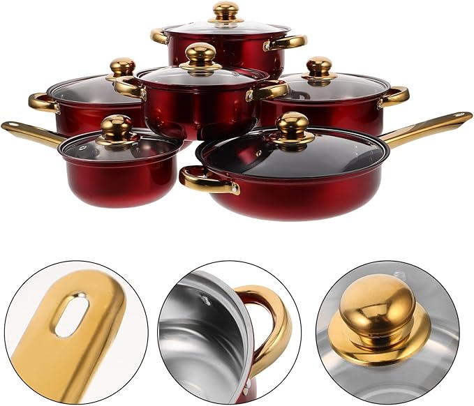 Stainless Steel Cookware Set with Nonstick Surface and Gold Handles Kitchen Pots and Pans for Frying Baking and Cooking Vibrant Wine Red Color Compatible with Multiple Heat Sources