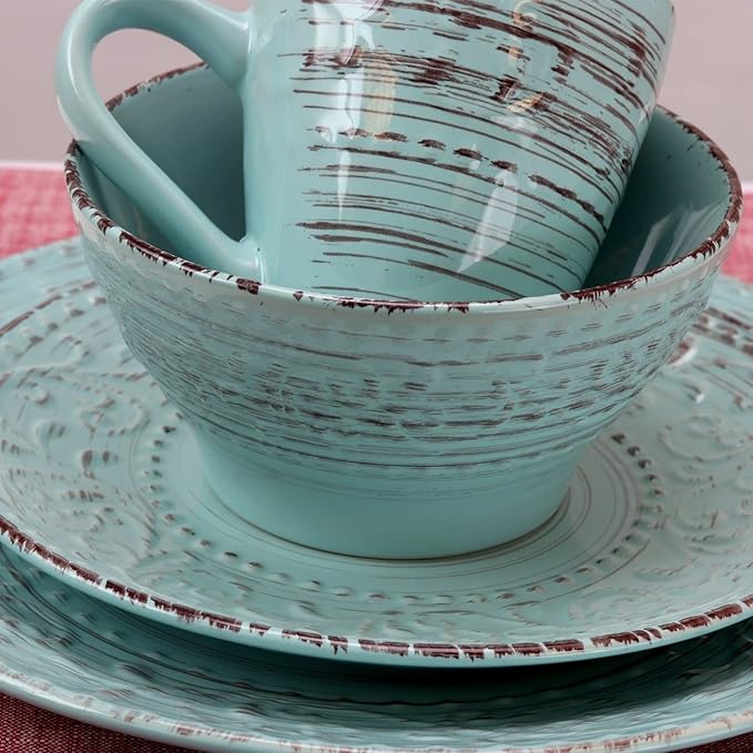 Malibu Waves 16-Piece Dinnerware Set in Turquoise Blue Textured Traditional Round Stoneware 16 Piece Dishwasher Safe