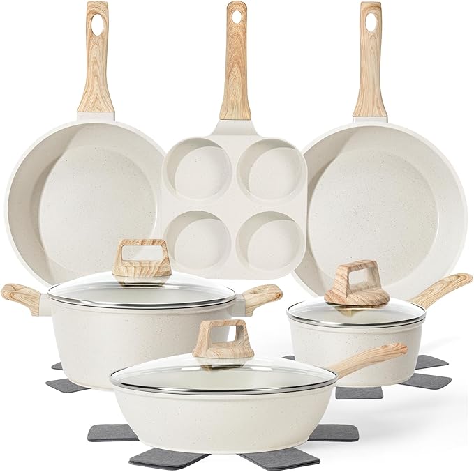 13 Pcs Pots and Pans Set Nonstick Cookware Sets White Granite Induction Cookware Non-toxic Healthy Non stick Kitchen Cooking Set with Frying Pans Set Saucepans (PFAS/PFOA/PFOS Free)
